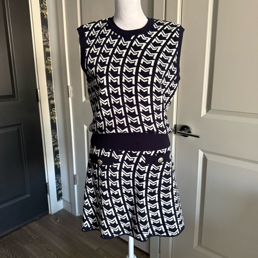 NWT Maje Navy and White Matching M-Knit Sweater Vest and Skirt Set Size M